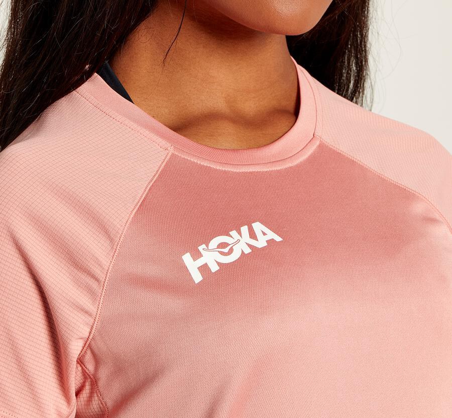 Hoka Australia One One Performance Short Sleeve - Womens Tops Pink - TFVXR-1934